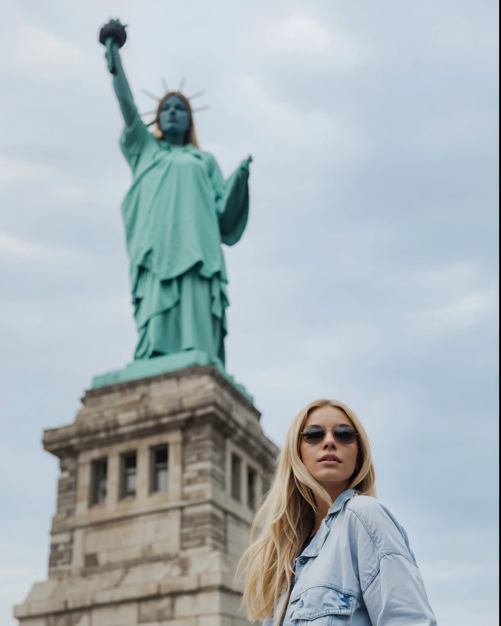 Make blonde Amanda in the same pose wearing an identical outfit in a setting exactly like the one in the photo, cabelo loiro