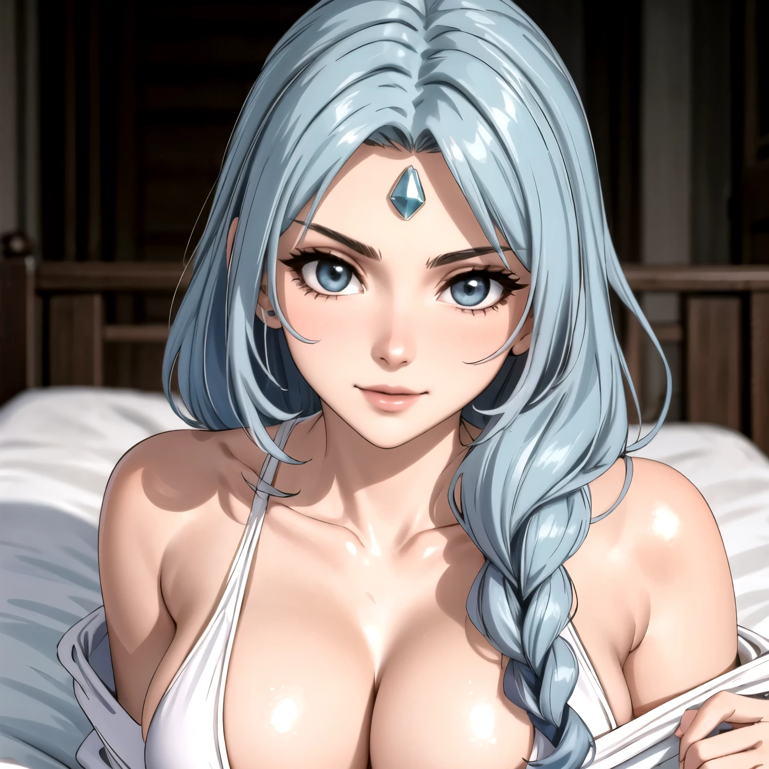 Beautiful 25 year old woman loose light blue hair, cabello suelto, piel clara., a jewel on his forehead pale skin, sonrisa feliz coca abierta, pechos medianos, babydoll color blanco, ropa de dormir blanca. acostada en una cama matrimonial.