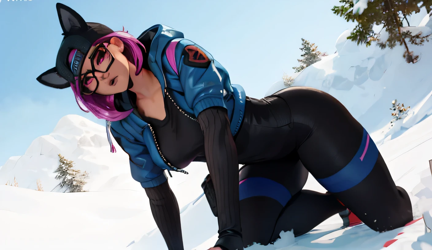Lynx chaqueta negra con azul guantes sin dedos, Leggings negros, ojos finos detallado, gafas