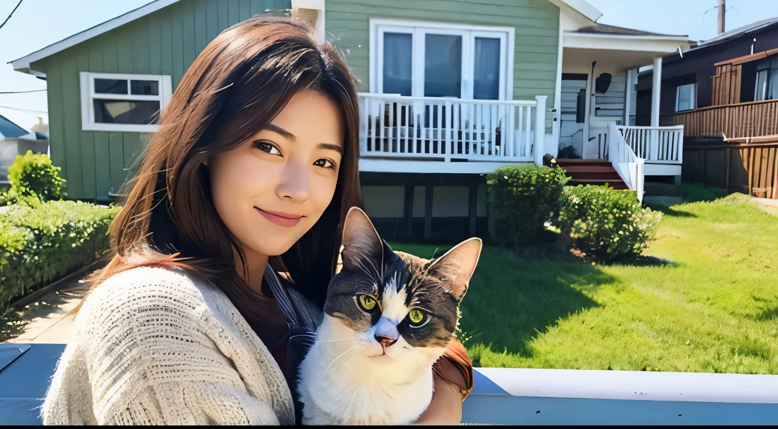 Beautiful woman holding a cat,Seaside house