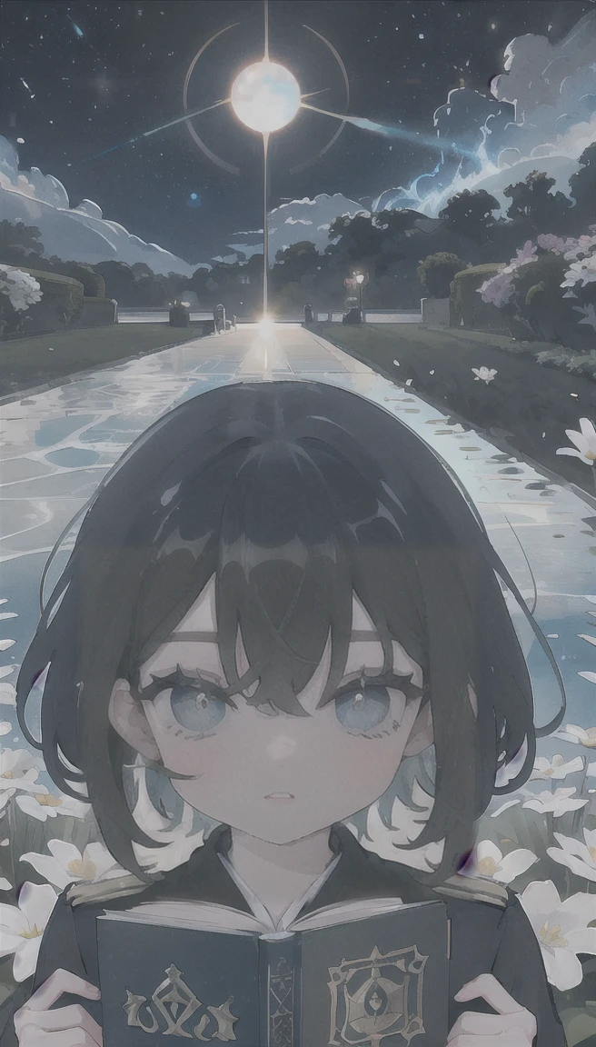 anime,Ultra HD, Anatomicamente Correto, pele texturizada, melhor qualidade,uma garota extremamente delicada e linda,22 anos, rosto fascinante e fino, olhos vivos e lindos, figura esbelta, deitado no campo de flores, contra luz de fundo ao anoitecer, water eyes, saia longa, cabelo desgrenhado, livro de arte, paisagem urbana, fantasia, apenas umbigo, Ombros nus,fundo iluminado