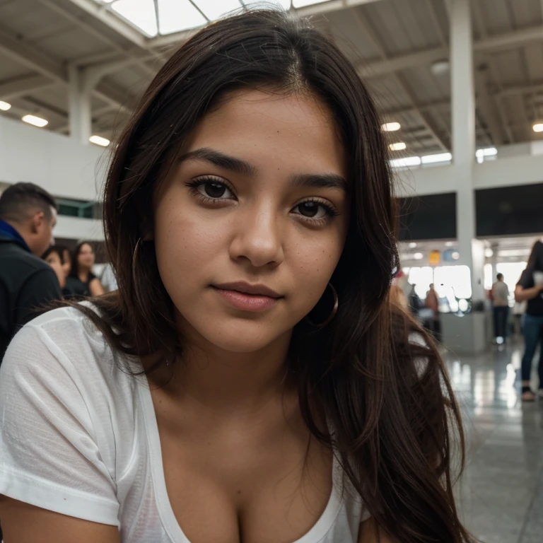 Primer plano de una hermosa joven latina morena con pelo largo y negro, oval face and dark brown eyes, vistiendo una blusa ajustada de punto acanalado y pantalones cortos de mezclilla ajustados, Parado en un sitio aeropuerto, Bellamente iluminado, dramatic composition, epic scale, feeling of wonder, ultra high resolution.fotorrealista:.1.4, (piel muy detallada:1.2), 8k hd, DSLR, alta calidad, film grain, Fujifilm XT3
