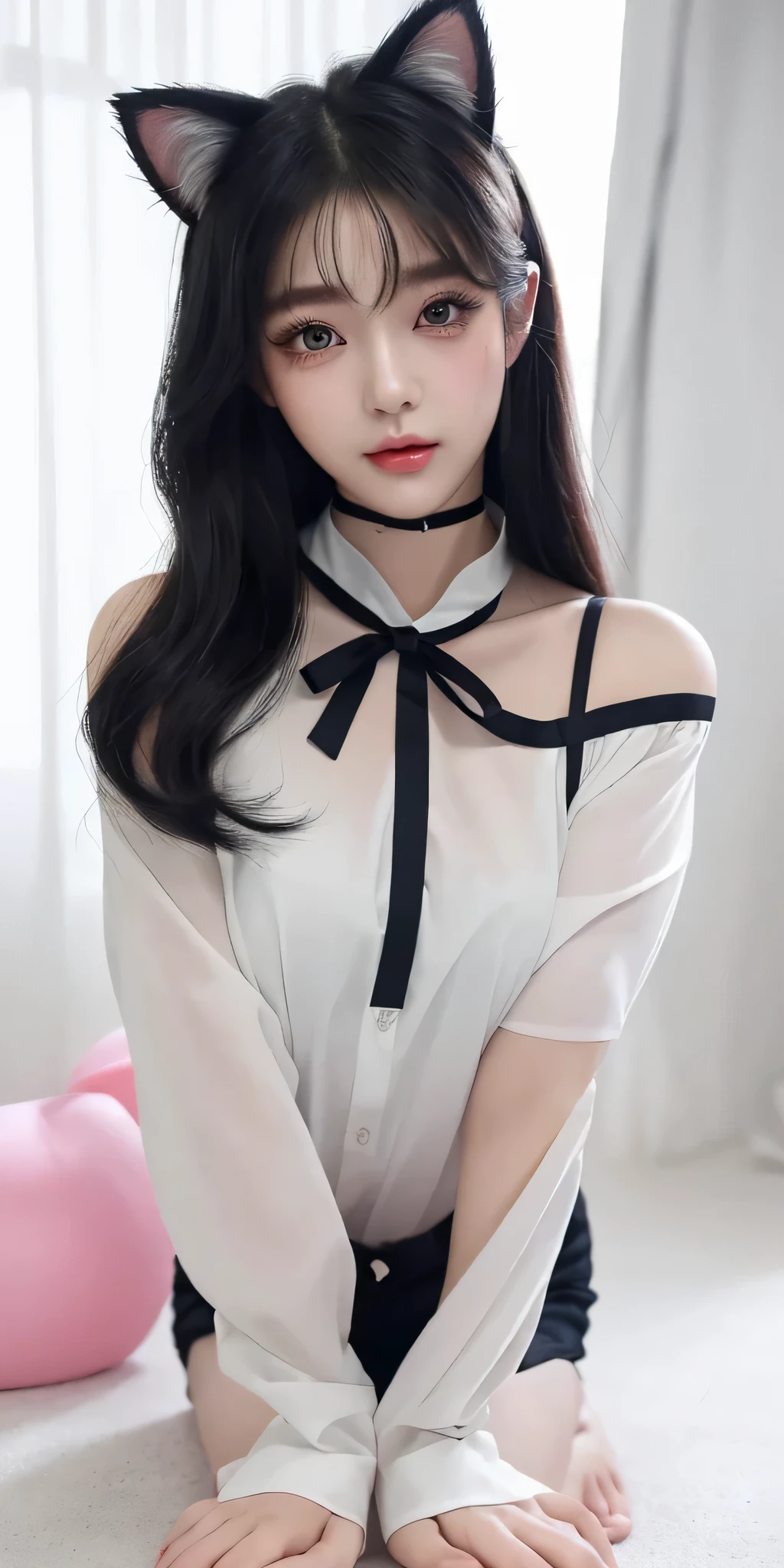 (Best quality, masterpiece: 1.3), 1 girl, Super cute Korean girl、cute like an idol、Heavy makeup、Cat ears hairstyle、Blushed cheeks、Koetsu、Watery eyes、Goody two shoes、Looking up、(Cat Paw Pose:1.5)、On all fours、(Open your mouth wide:1.6)Off-the-shoulder shirt、She wears a large ribbon choker that ties at the back.、False eyelashes、gloss skin、Upper Body、Inside the room、White interior、gloss々Lips、Shocking Pink Lips