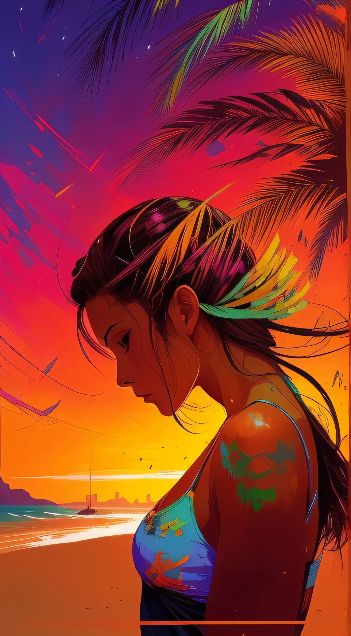 playa en el atardecer con palmeras, colores vibrantes, approaching perfection, Dynamic, Muy detallado, pintura digital, art station, arte conceptual, liso, sharp focus, illustration, arte de Carne Griffiths y Wadim Kashin
