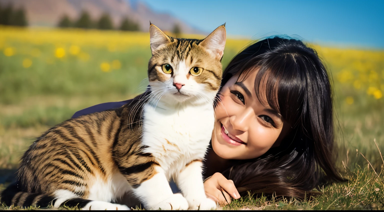Beautiful woman holding a cat,American Landscape、The various expressions of cats、
