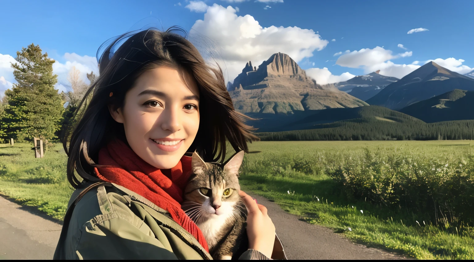 Beautiful woman holding a cat，American Landscape、The various expressions of cats、