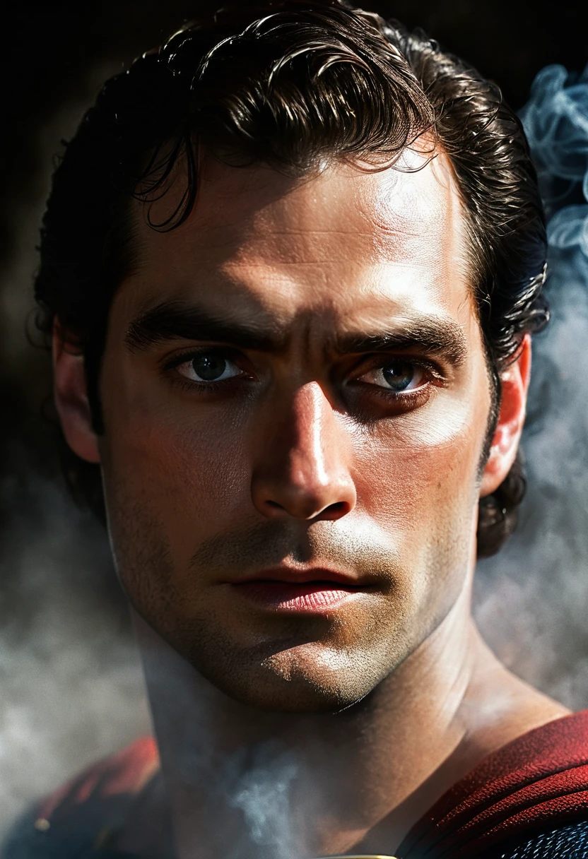 Photo RAW portrait handsome, Henry Cavill super man, piercing gaze,  high quality textures, high quality shadows, high detail, beautiful detail, fine detail, extremely detailed computer graphics, detailed textures, realistic faces, atmosphere of fear and unease, sensual moment from the point of view of someone in a close embrace with a muscular man bathing in smoke with bright laser eyes