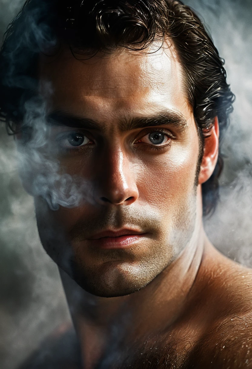 Poster of portrait handsome super man, piercing gaze,  high quality textures, high quality shadows, high detail, beautiful detail, fine detail, extremely detailed computer graphics, detailed textures, realistic faces, atmosphere of fear and unease, sensual moment from the point of view of someone in a close embrace with a muscular man bathing in smoke with bright laser eyes