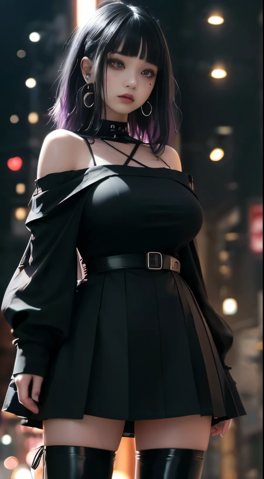 Cinematic lighting、(Key Light:Front 45 degree angle, Fill Light、Backlight、Shadow、Blue and orange color palette), Accurate human body、knowledgeable person、Correct five-finger、Raw photo、4K - ultra-vivid、highest quality, masterpiece, Ultra-high resolution, (reality: 1.4),
(((Oilskin,Glowing Skin、Realistic skin texture、Fine and beautiful skin、Glowing Skin、Glowing Skin)))、
Beautiful young, 19歳のgirl, 魅力的なgirl, クールなgirl、girl、mini skirt、Black Mask、((赤いHeavy makeup))、((big breasts)) 、 girl1名, Purple Eyes, Off-the-shoulder sweater dresses, Cinematic lighting、Purple and black hair、(Mine girl、Goth Makeup、My Makeup)、(Pierced Ears、big breasts、An oversized white t-shirt with open shoulders、ダークmini skirt)、((Heavy makeup、Oilskin,Glowing Skin、Realistic skin texture、Fine and beautiful skin、Glowing Skin)), Dark downtown at night、Goth Makeup、Kabukicho、Dark Cyberpunk、(Full Shot:1.8)、Thin legs、Thin arms、Narrow shoulders、Narrow waist、Slender body、Beautiful breasts、whole body、Full of embarrassment、Sexy pose、(((Big Breasts、big breasts)))、(((Exclamation mark, Moaning, Many Hearts,Spoken Heart, Comic Strip, moving line, Motion Blur, Shaking violently, lots of heart speech bubbles、shout)))、