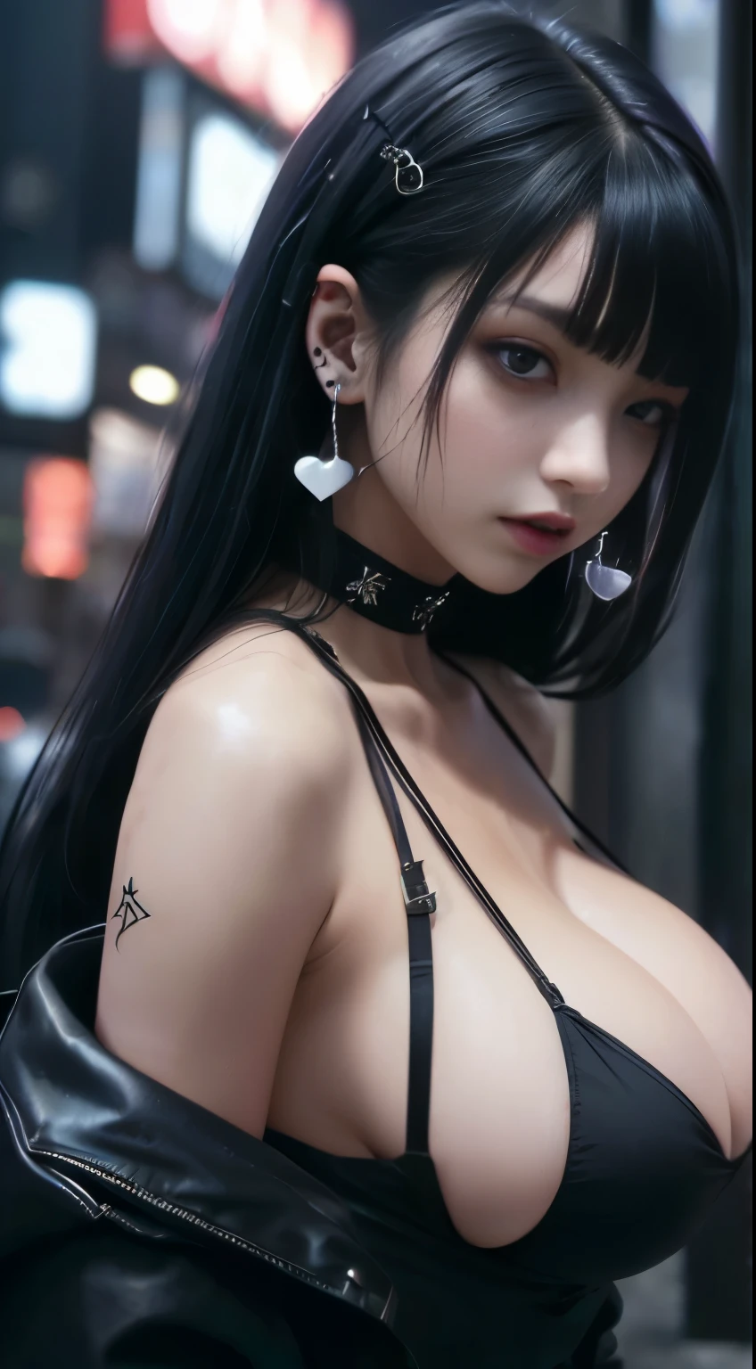Cinematic lighting、(Key Light:Front 45 degree angle, Fill Light、Backlight、Shadow、Blue and orange color palette), Accurate human body、knowledgeable person、Correct five-finger、Raw photo、4K - ultra-vivid、highest quality, masterpiece, Ultra-high resolution, (reality: 1.4),
(((Oilskin,Glowing Skin、Realistic skin texture、Fine and beautiful skin、Glowing Skin、Glowing Skin)))、
Beautiful young, 19歳のgirl, 魅力的なgirl, クールなgirl、girl、mini skirt、Black Mask、((赤いHeavy makeup))、((big breasts)) 、 girl1名, Purple Eyes, Off-the-shoulder sweater dresses, Cinematic lighting、Purple and black hair、(Mine girl、Goth Makeup、My Makeup)、(Pierced Ears、big breasts、An oversized white t-shirt with open shoulders、ダークmini skirt)、((Heavy makeup、Oilskin,Glowing Skin、Realistic skin texture、Fine and beautiful skin、Glowing Skin)), Dark downtown at night、Goth Makeup、Kabukicho、Dark Cyberpunk、(Full Shot:1.8)、Thin legs、Thin arms、Narrow shoulders、Narrow waist、Slender body、Beautiful breasts、whole body、Full of embarrassment、Sexy pose、(((Big Breasts、big breasts)))、(((Exclamation mark, Moaning, Many Hearts,Spoken Heart, Comic Strip, moving line, Motion Blur, Shaking violently, lots of heart speech bubbles、shout)))、