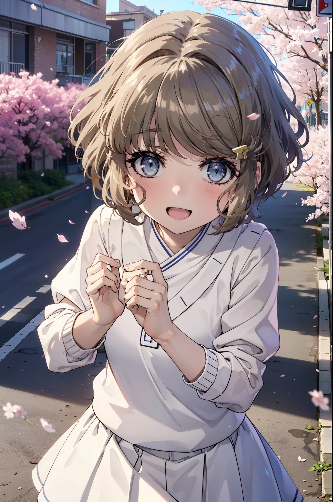 tomoekoga, Chie Koga, short hair, brown hair, blue eyes, Hair Clip,Green Tokkuri Sweater,White long skirt,Mini Boots,blush,smile,happy smile, smile, Open your mouth,Cherry blossoms are blooming,Cherry blossoms are scattered,Cherry blossom tree-lined path,morning,morning陽太陽が登っている,Being looked down on from above,
break outdoors, School School building,
break looking at viewer, Upper Body,whole body,(Cowboy Shot:1.5),
break (masterpiece:1.2), highest quality, High resolution, unity 8k wallpaper, (figure:0.8), (Beautiful fine details:1.6), Highly detailed face, Perfect lighting, Highly detailed CG, (Perfect hands, Perfect Anatomy),