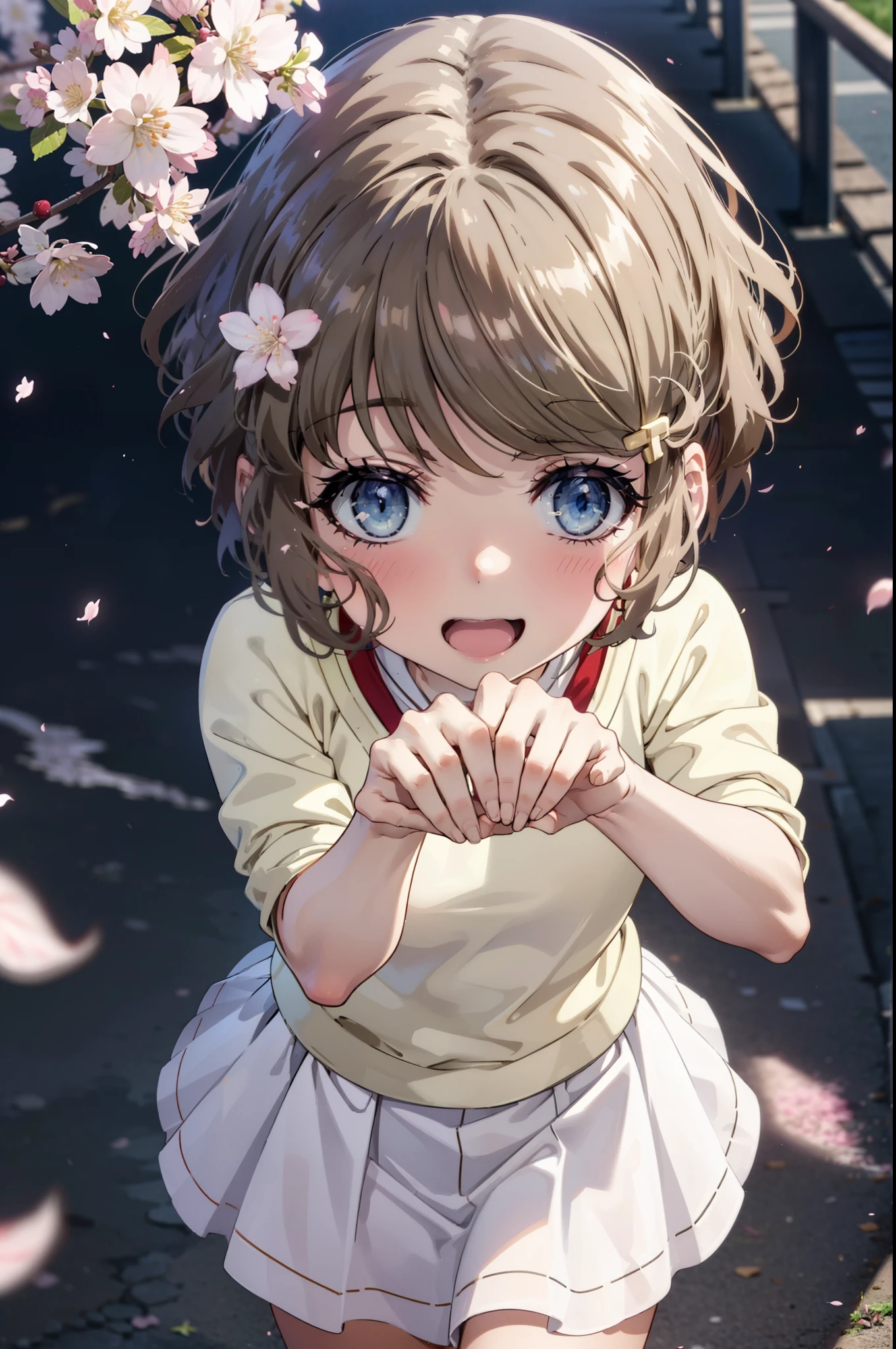 tomoekoga, Chie Koga, short hair, brown hair, blue eyes, Hair Clip,Green Tokkuri Sweater,White long skirt,Mini Boots,blush,smile,happy smile, smile, Open your mouth,Cherry blossoms are blooming,Cherry blossoms are scattered,Cherry blossom tree-lined path,morning,morning陽太陽が登っている,Being looked down on from above,
break outdoors, School School building,
break looking at viewer, Upper Body,whole body,(Cowboy Shot:1.5),
break (masterpiece:1.2), highest quality, High resolution, unity 8k wallpaper, (figure:0.8), (Beautiful fine details:1.6), Highly detailed face, Perfect lighting, Highly detailed CG, (Perfect hands, Perfect Anatomy),