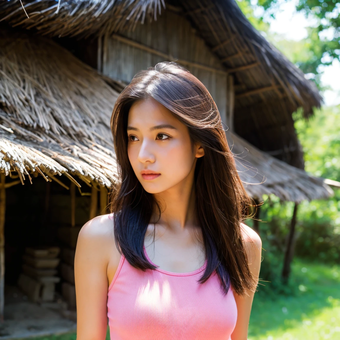 Young Asian woman, 25 years old,Wear a tight-fitting tank top in pink and many other colors.,) Long hair blows up in the wind., Looking straight ahead, Action with various seductive poses, perfect body,)) Strong and healthy abdomen, In the countryside there are old thatched huts.,In the countryside there are old thatched huts.โทรมธรรมชาติ มีดอกไม้สีเหลืองสีแดงสวยงามบานสะพรั่ง, The evening sunlight twinkled beautifully., 8K photos, Shot with a bright, high-quality Fuji camera. 45,000,000 pixels, Too realistic,