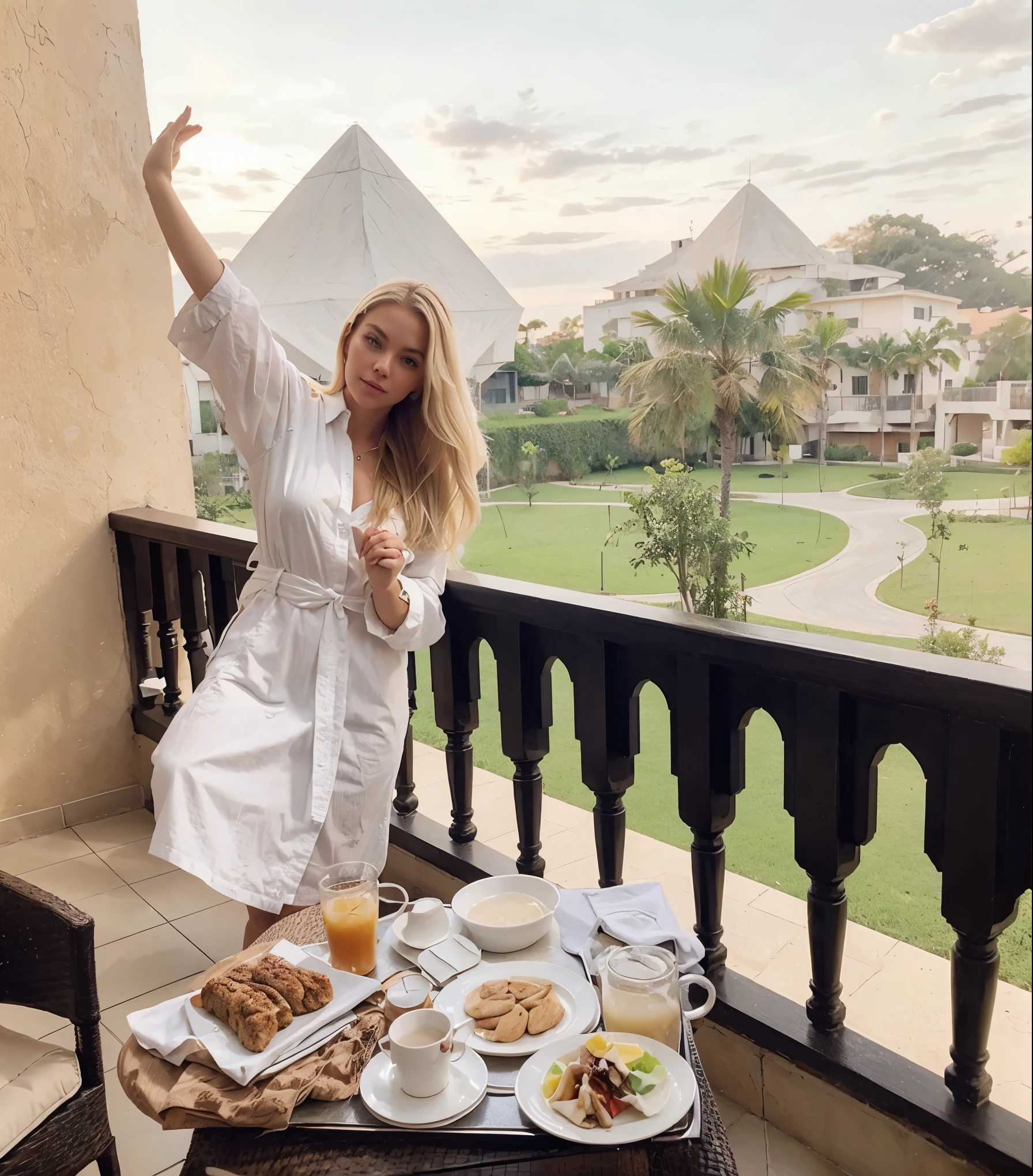Make blonde Amanda in the same pose wearing an identical outfit in a setting exactly like the one in the photo, cabelo loiro