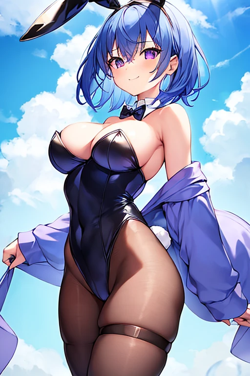 1girl, (petite), ((petite)), large breasts, thick thighs, wide hips, purple eyes, very short hair, smile, happy, light blue hair, sky blue hair, bunnysuit, black leotard, leotard, red bowtie, bowtie, pantyhose, black oantyhose, bunny ears, rabbit ears, animal ear fluff, thigh strap