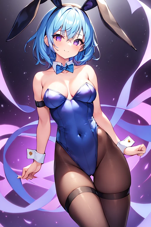 1girl, (ite), ((pet)), large breasts, thick thighs, wide hips, purple eyes, very short hair, smile, happy, light blue hair, sky blue hair, bunnysuit, black leotard, leotard, red bowtie, bowtie, pantyhose, black oantyhose, bunny ears, rabbit ears, animal ear fluff, thigh strap