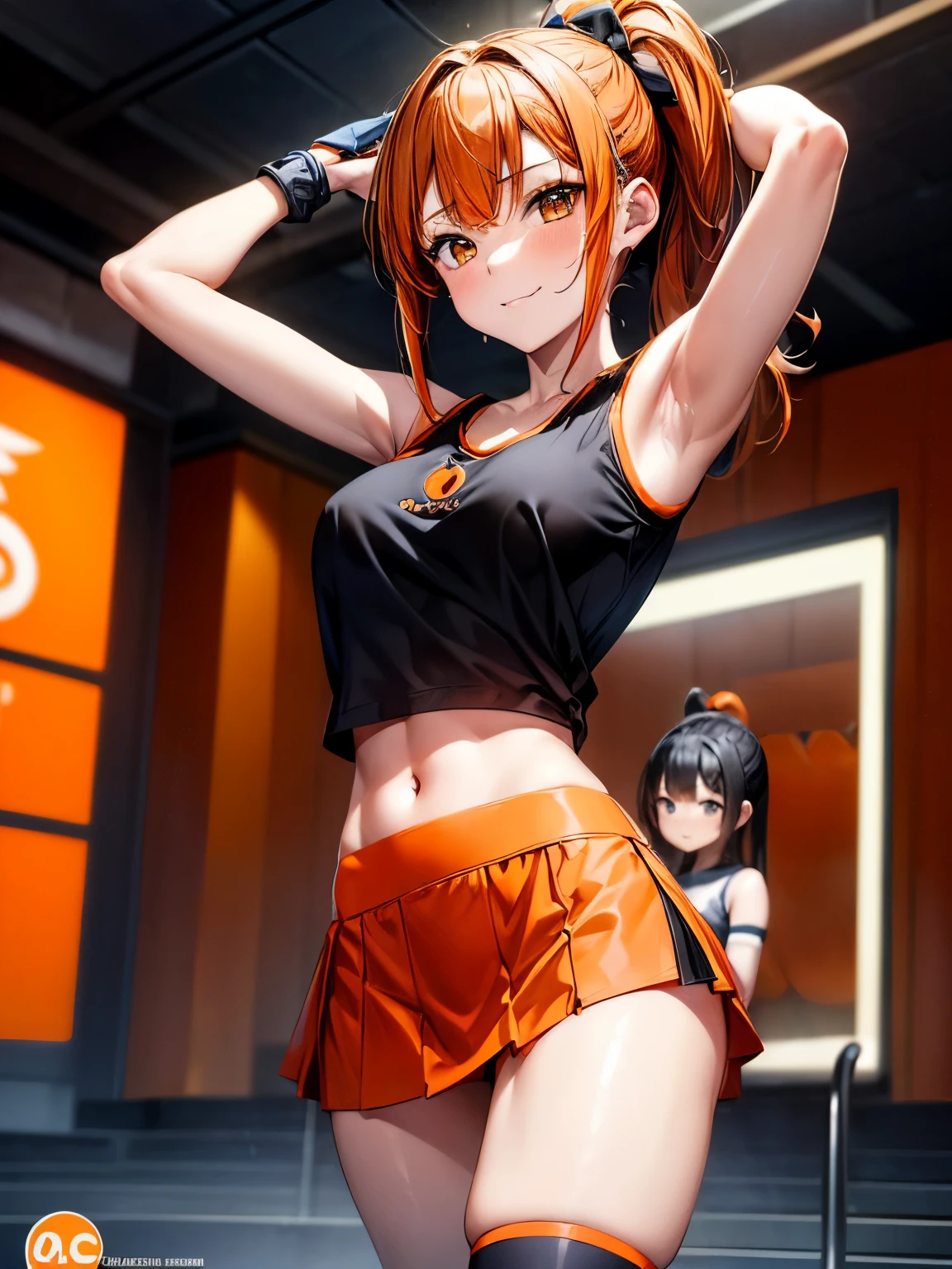 highest quality、Nice sexy body、One Woman、solo、((Beautiful busty woman:1.4))、((Brown haired woman:1.3))、((Woman with ponytail))、long hair woman、Cheerleader、(((A woman wearing an orange and black short top with a logo:1.3)))、Woman exposing her belly、(((A woman wearing an orange miniskirt:1.3)))、(((Woman wearing orange panties)))、baseball Ground、Audience、Ground、A big smile、Groundで踊っている