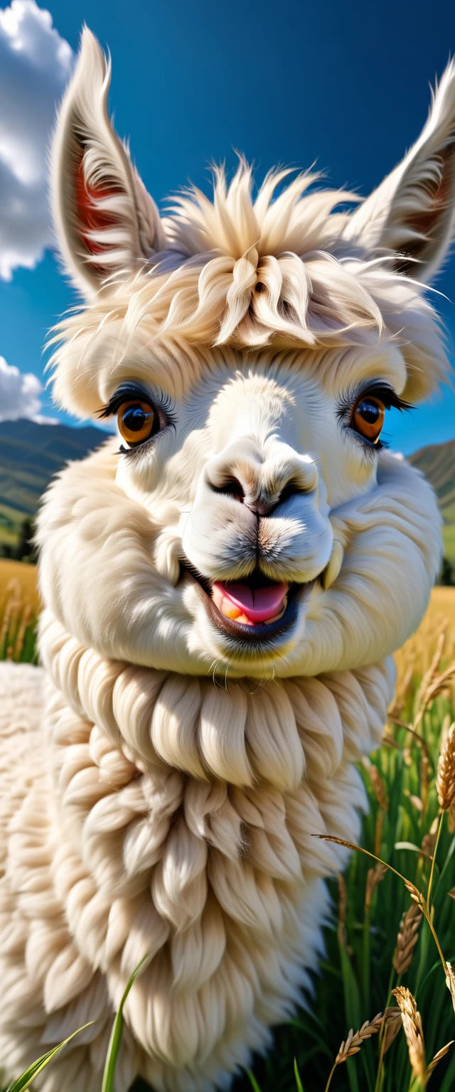 #quality(8k,wallpaper of extremely detailed CG unit, ​masterpiece,hight resolution,top-quality,top-quality real texture skin,hyper realisitic,increase the resolution,RAW photos,best qualtiy,highly detailed,the wallpaper,cinematic,golden ratio), BREAK ,solo,#1white alpaca(beautiful white fur, the biggest smile,the happiest smile,the very best moment of his lifes,close up shot:2.0,realistic,beautiful eyeblow,beautiful eye,detailed eye,dynamic angle,dynamic pose,dribble,drool from mouth,salivate),#background(andes grass field,beautiful sky,)alpaka is so close up so you can not see the background,Extremely close-up to mouth,little ugly