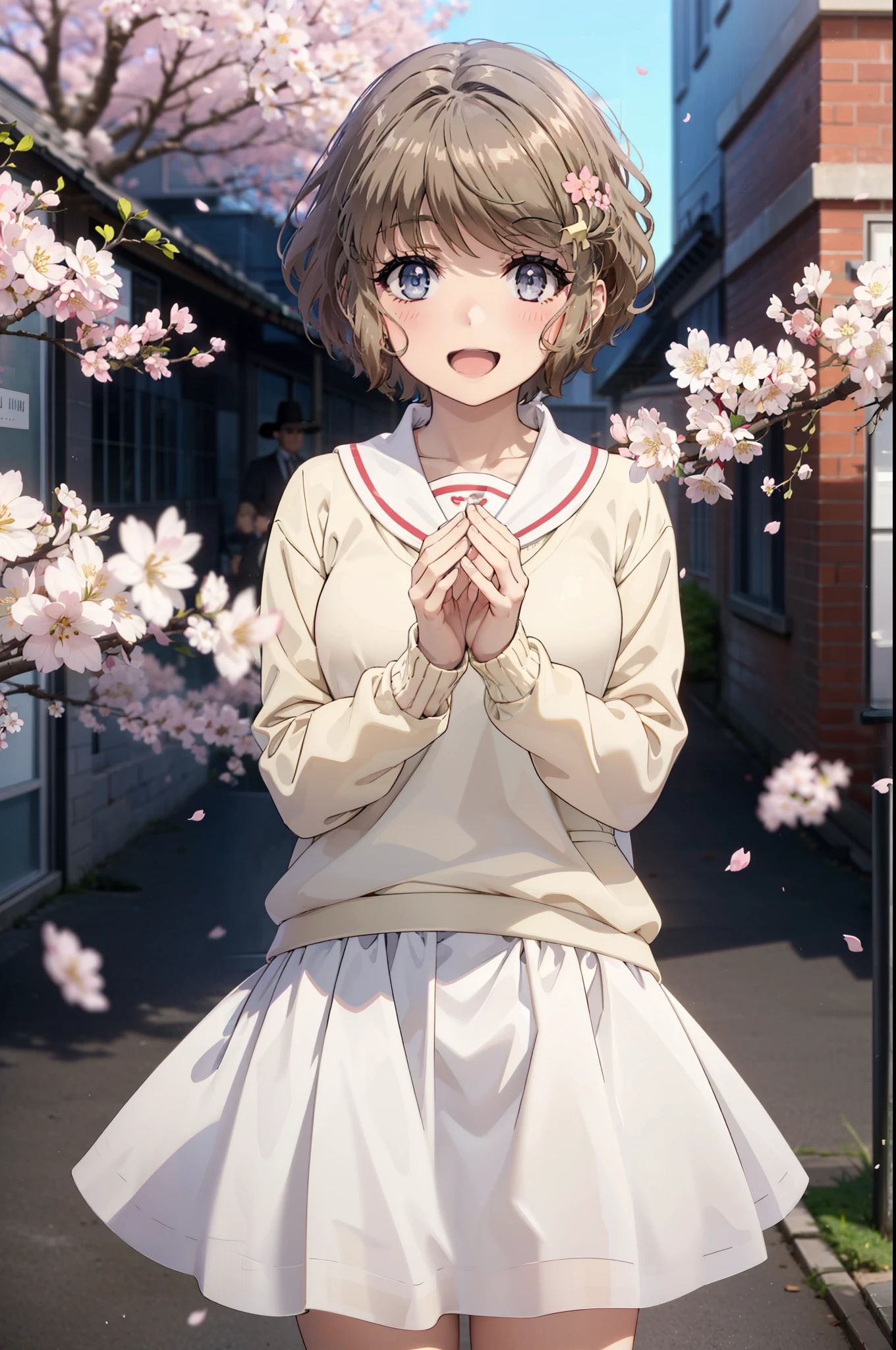 tomoekoga, Chie Koga, short hair, brown hair, blue eyes, Hair Clip,Green Tokkuri Sweater,White long skirt,Mini Boots,blush,smile,happy smile, smile, Open your mouth,Cherry blossoms are blooming,Cherry blossoms are scattered,Cherry blossom tree-lined path,morning,morning陽太陽が登っている,Being looked down on from above,
break outdoors, School　School building,
break looking at viewer, Upper Body,whole body,(Cowboy Shot:1.5),
break (masterpiece:1.2), highest quality, High resolution, unity 8k wallpaper, (figure:0.8), (Beautiful fine details:1.6), Highly detailed face, Perfect lighting, Highly detailed CG, (Perfect hands, Perfect Anatomy),