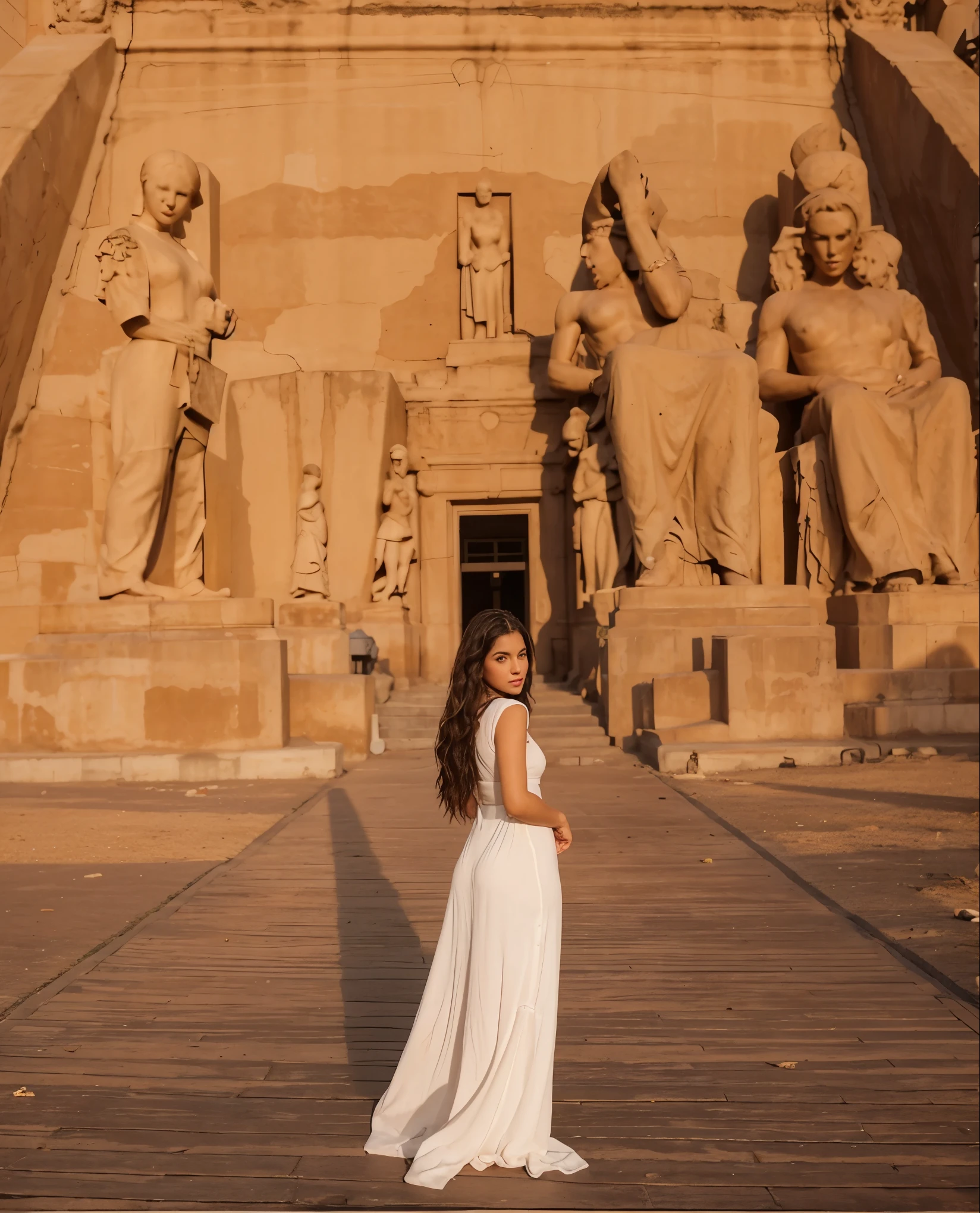 Make Larissa in this same pose wearing an identical outfit in a setting exactly like the one in the photo, cabelo castanho escuro, in the background is a statue, do not change its characteristics