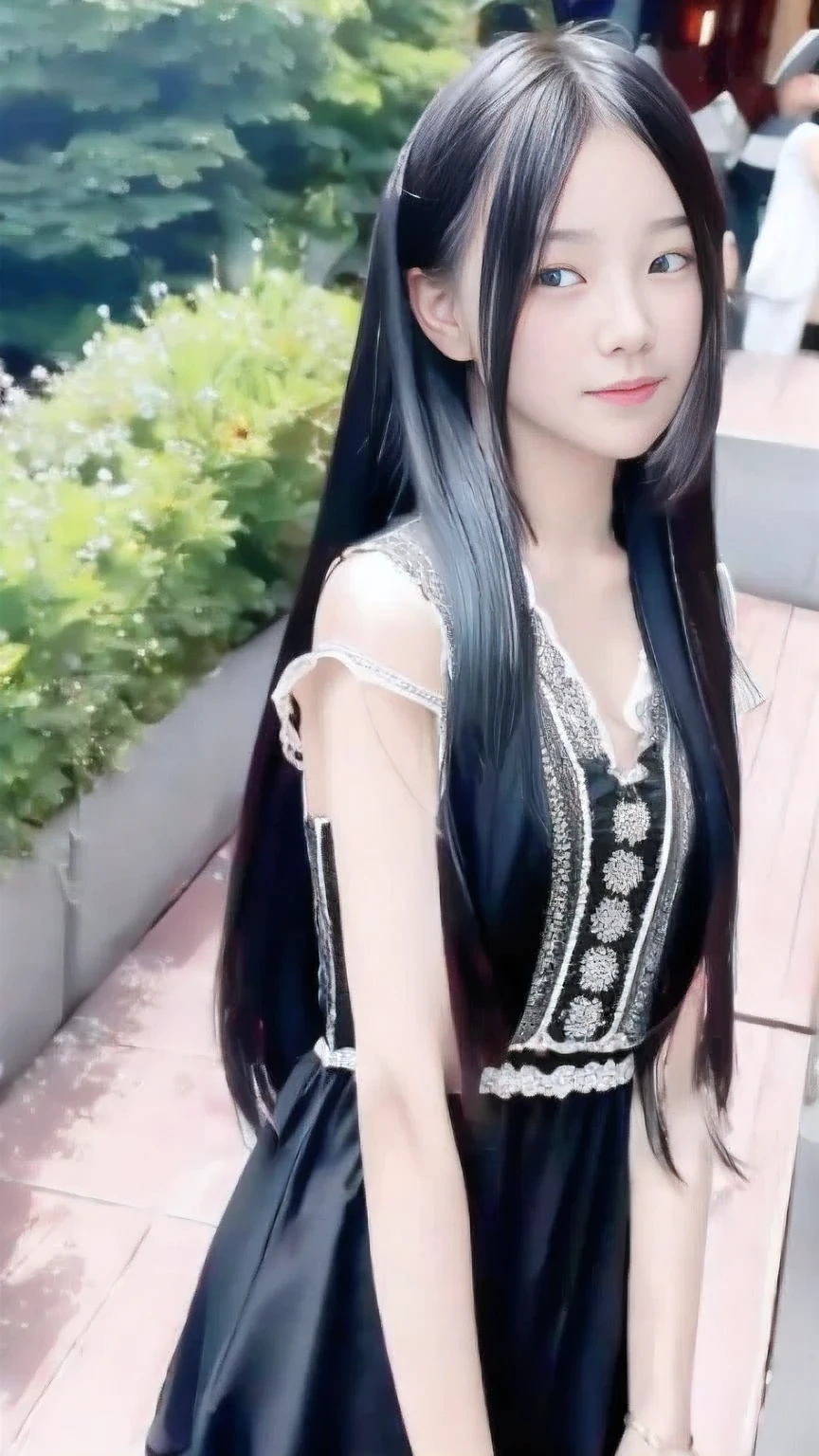 Ultra HD, The 8k quality, girl with, Very long hair, black blur dress, Detailed eyes, Front capture, unreal enginee 5, very cute bmangpor