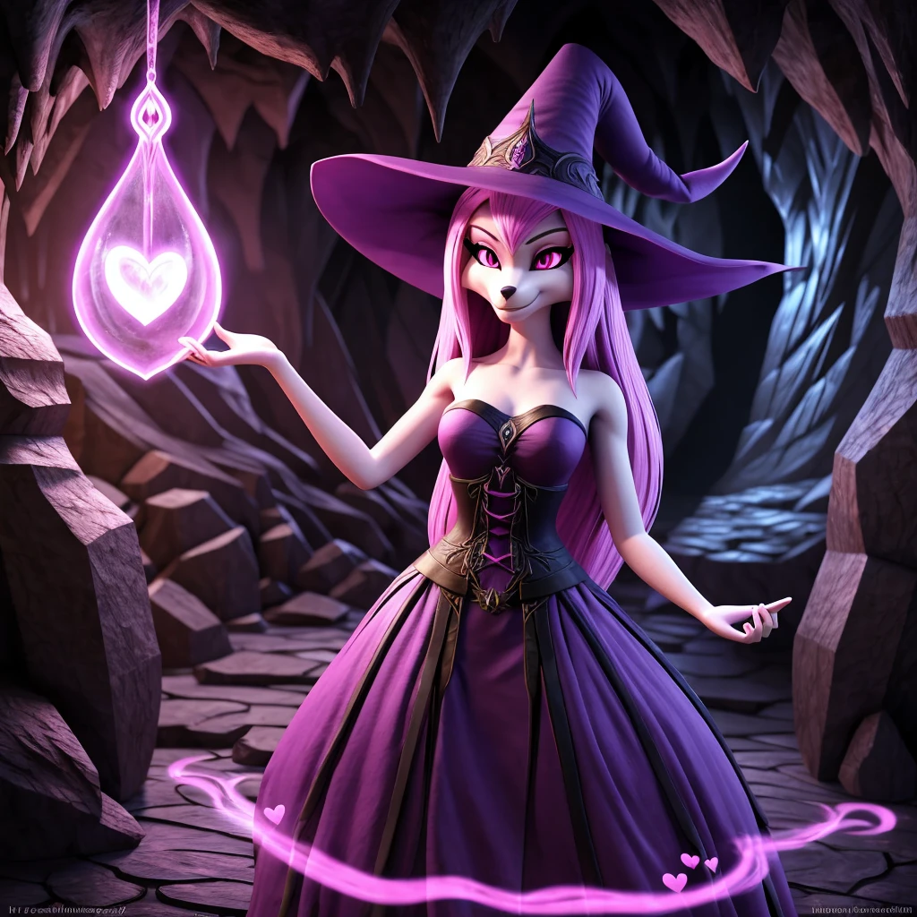 zoomed out image, fantasy character, high quality, 3d illustrated fantasy style, a pink haired female anthropomorphic fox, shapely, skinny body, bright pink eyes, wearing a black and purple witch's hat and dress, mischievous look, evil smile, inside a dark cave, floating wispy pink magic, floating magical pink hearts, digital art