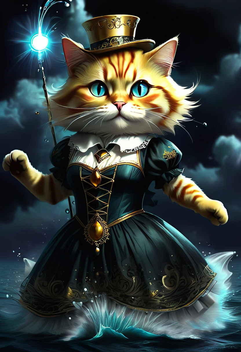 ((un gato mago, vestido de mago, efecto de magia, epico:1.5)), hasta:1.4, (obra maestra),(Mejor calidad:1.0), (Ultra high resolution:1.0), pintura detallada, intrincado, paisaje submarino, (( magical, Hermoso, de otro mundo, todo en oro:1.4 )), (( Mejor calidad, vibrante, 32K ,luz y sombras bien definidas)). sin texto:1.3.