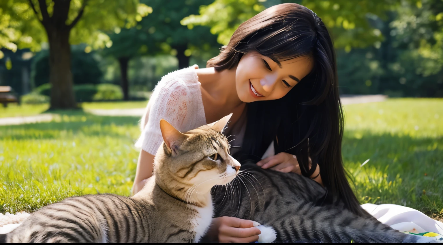 Beautiful woman playing with cat,New York State Landscape、The various expressions of cats、