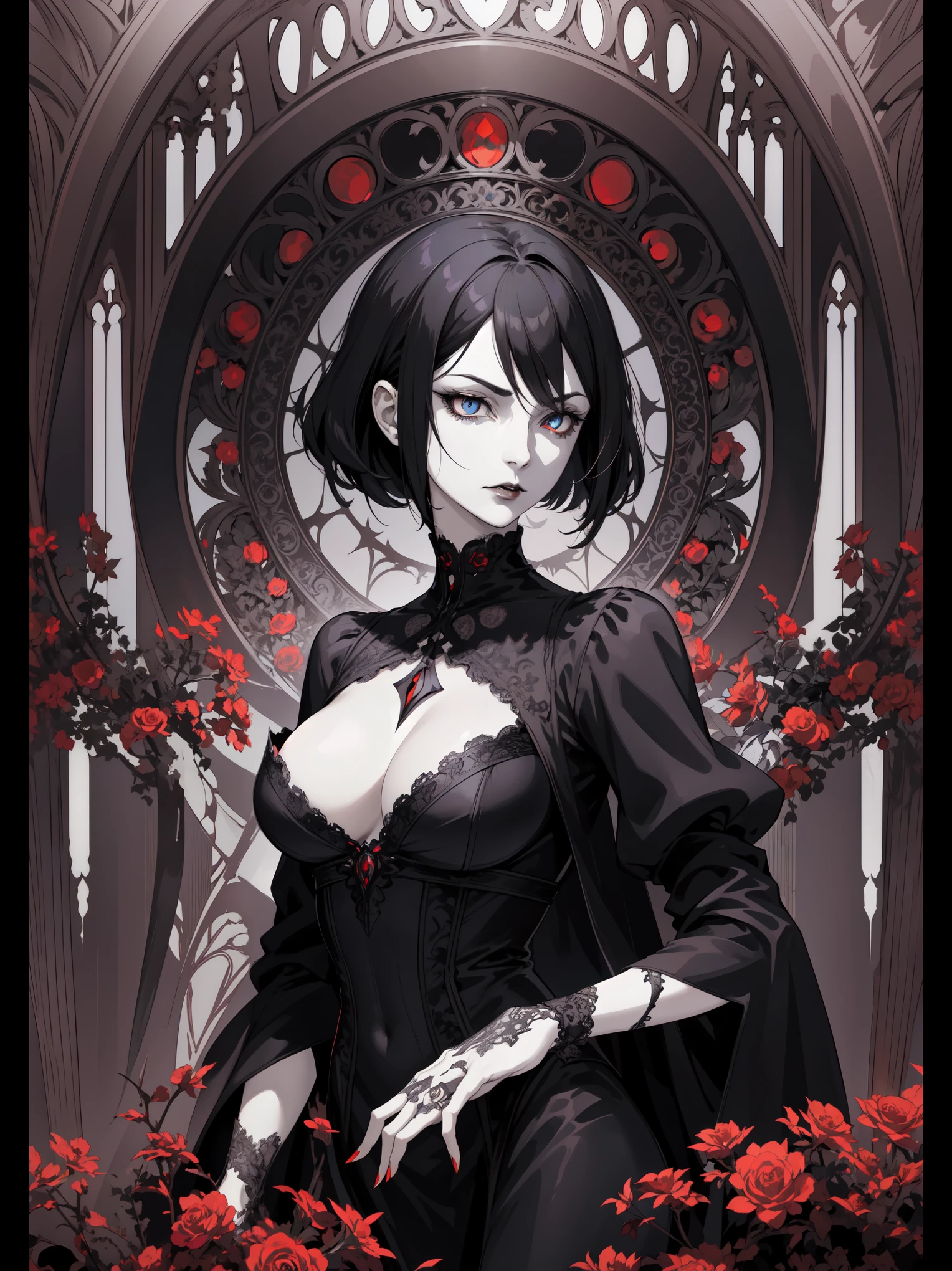Basic Art Nouveau style,Vampire woman with black hair and blue eyes,short hair,(Upper body portrait),young,(((Oval face))),Dark clothing,Soft and melancholy face,fine,No wrinkles,Gothic style,Synthwave meets Art Nouveau,Bold and smooth lines,Dynamic composition of organic Art Nouveau patterns,Intricate red roses and patterns intertwined with geometric shapes,Embody the mysterious Gothic atmosphere of the vampire character,Feminine but calm expression,Art Nouveau pattern dress,Digital grid landscape with natural forms,Neon-like outline effect reminiscent of stained glass,White background,High contrast,Easy to color,visual clarity,French Art Nouveau,80s vaporwave art style。Maximum details,