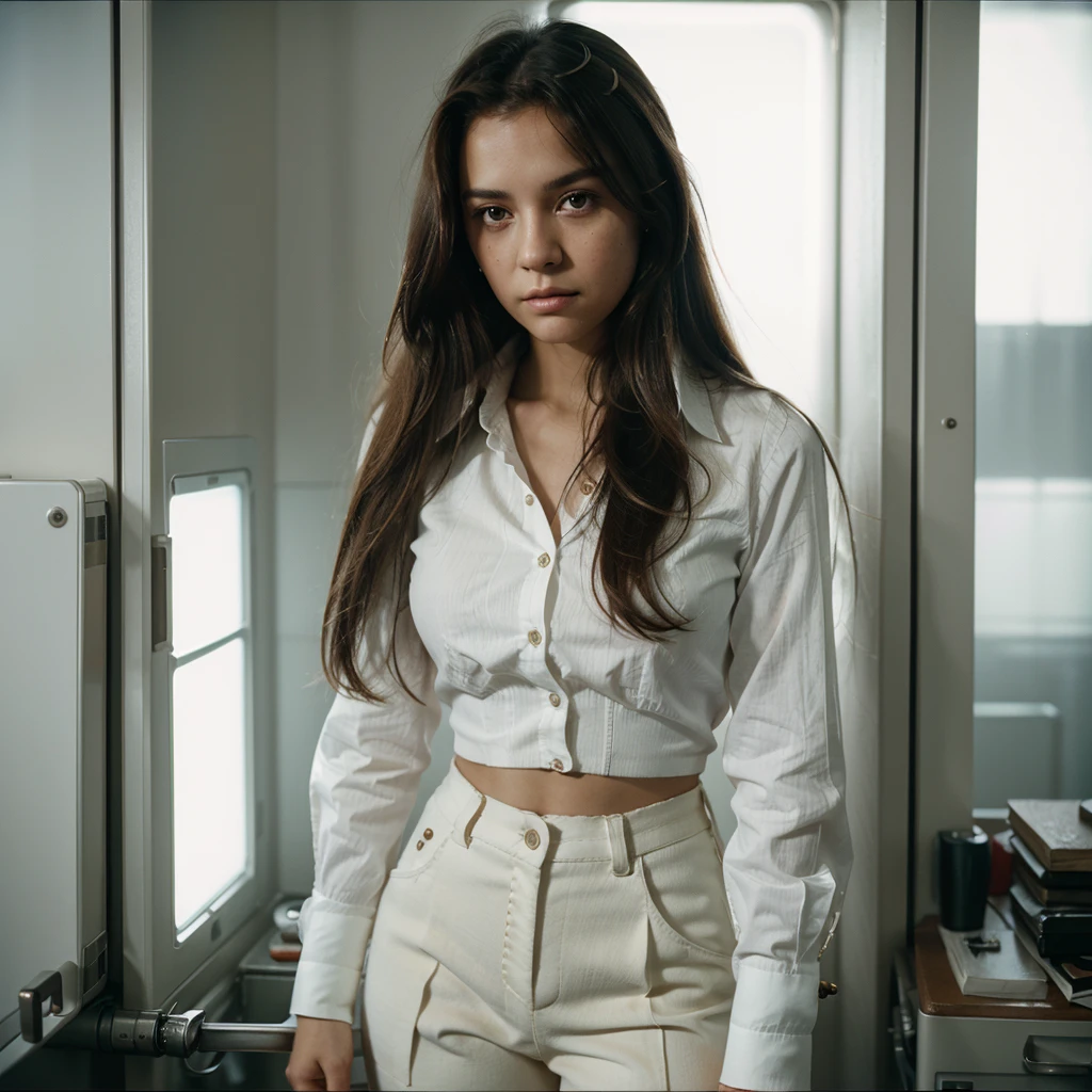Film still, cinematic, close up portrait of a cute woman, messy long hair, at the office wearing white blouse with open buttons, wearing and hot pants with open button, tall socks, shot on film, sharp focus, shot on canon, backlit, rim light, detailed skin texture, detailed eyes, polaroid