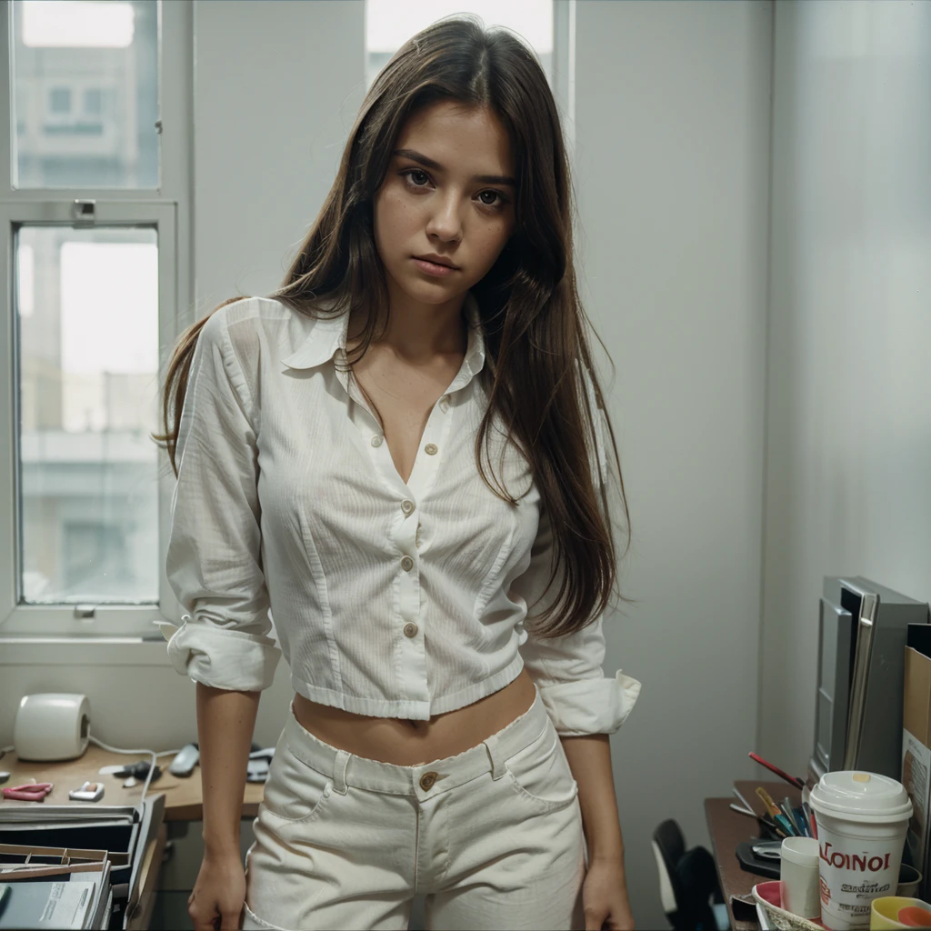 Film still, cinematic, close up portrait of a cute woman, messy long hair, at the office wearing white blouse with open buttons, wearing and hot pants with open button, tall socks, shot on film, sharp focus, shot on canon, backlit, rim light, detailed skin texture, detailed eyes, polaroid
