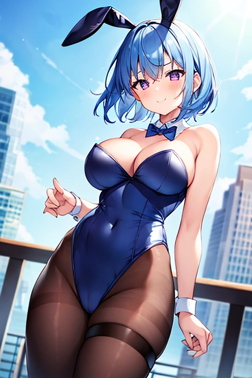 1girl, (petite), ((petite)), huge breasts, breasts, thick thighs, wide hips, purple eyes, very short hair, smile, happy, light blue hair, sky blue hair, bunnysuit, black leotard, leotard, red bowtie, bowtie, pantyhose, black oantyhose, bunny ears, rabbit ears, animal ear fluff, thigh strap