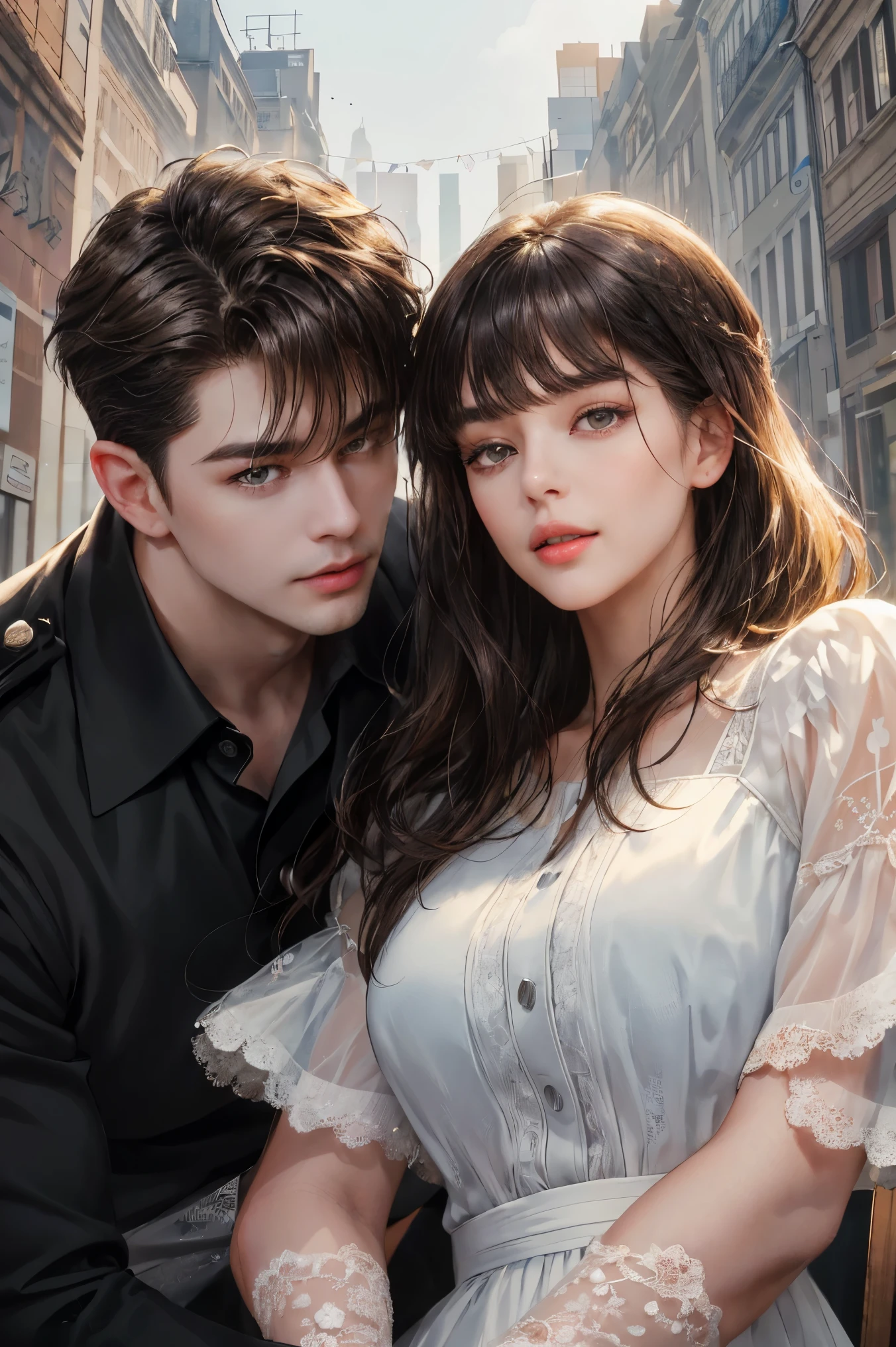 (absurdly , high quality , masterpiece , ultra detailed), ( detailed to hand ) (detailed to eyes) (detailed to face) , couples, 1 man (short black Quiff hair with Soft Fringe, no bangs part on side 3:7 ratio) (grey eyes) and 1 woman (long brown hair with fringe) love ,pretty eyes (brown eyes) , a man is a police and woman is an model