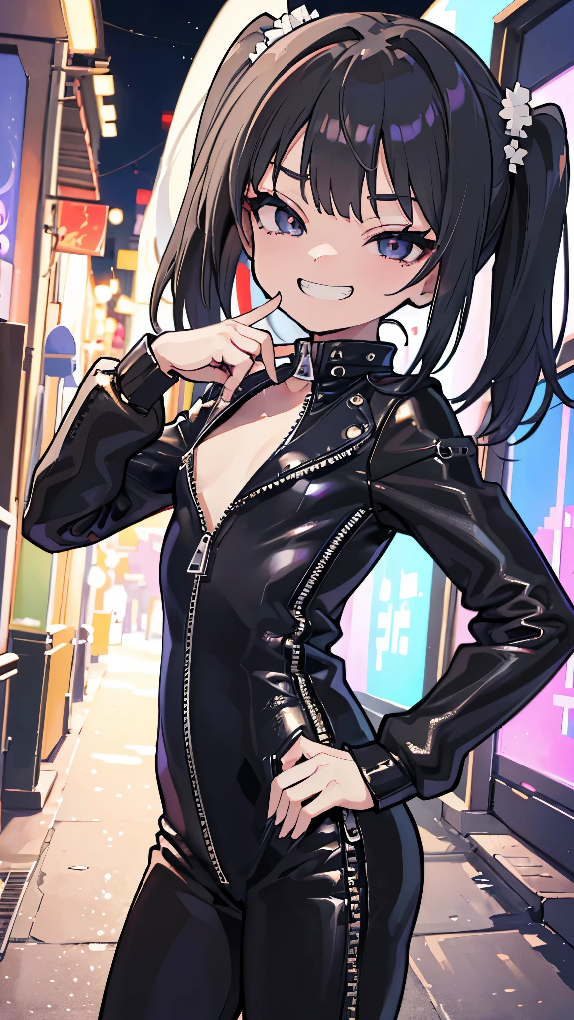 (8K、Highest quality、highest quality、masterpiece)、Detailed face、((One loli))、Black Hair、twintails、Grey Eyes、evil smile、((Grin))、Small breasts、((black leather zipper suit))、Cowboy Shot、put your hands on your hips、Night back alley background
