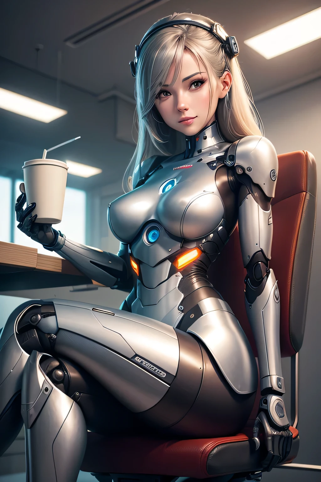 A female robot taking a break in the office Mechanical body Sitting in a chair There is coffee on the table., light smile, UHD, retina, masterpiece, ccurate, anatomically correct, textured skin, super detail, high details, high quality, award winning, best quality, highres