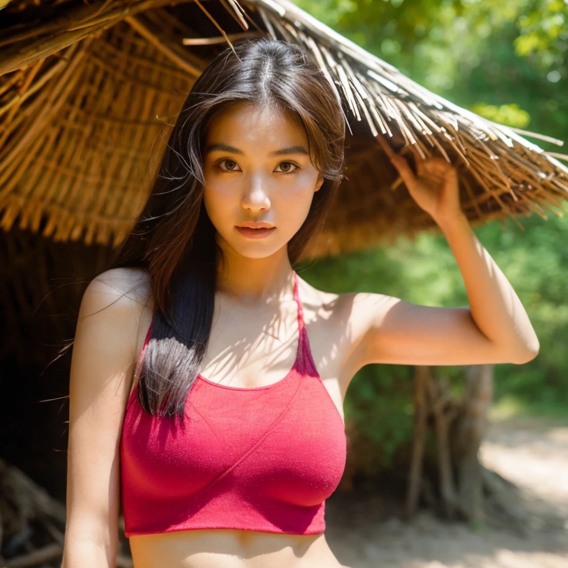 Young Asian woman, 25 years old,Wear a tight-fitting tank top in pink and many other colors.,) Long hair blows up in the wind., Looking straight at the camera,With seductive eyes and postures, perfect body,)) Strong and healthy abdomen, In the countryside there are old thatched huts.,In the countryside, there are yellow and red flowers around an old thatched hut in nature., The evening sunlight twinkled beautifully., 8K photos, Shot with a bright, high-quality Fuji camera. 45,000,000 pixels, Too realistic,