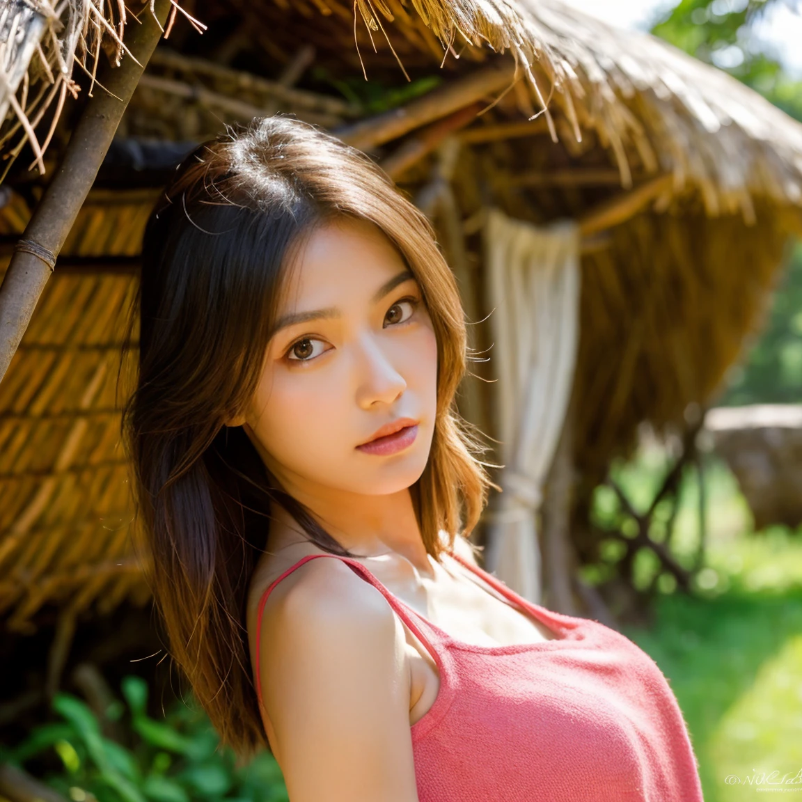Young Asian woman, 25 years old,Wear a tight-fitting tank top in pink and many other colors.,) Long hair blows up in the wind., Looking straight at the camera,With seductive eyes and postures, perfect body,)) Strong and healthy abdomen, In the countryside there are old thatched huts.,In the countryside, there are yellow and red flowers around an old thatched hut in nature., The evening sunlight twinkled beautifully., 8K photos, Shot with a bright, high-quality Fuji camera. 45,000,000 pixels, Too realistic,