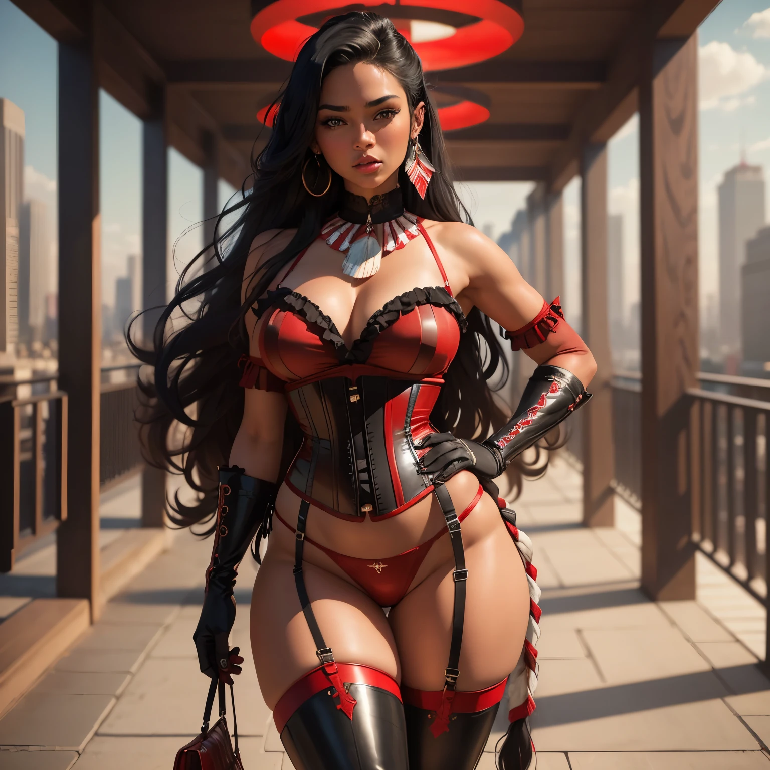 masterpiece, best quality, masterpiece, godlike quality, godlike art, highly detailed face, highly realistic, (((native American))), 1woman , curvy, black hair, long hair, coco skin. ((red bustier, red corset, red panties, black vertical stripes)),  (black thigh high boots), black boots,  (long gloves, black gloves). cityscape background , standing,  hands on hips, 