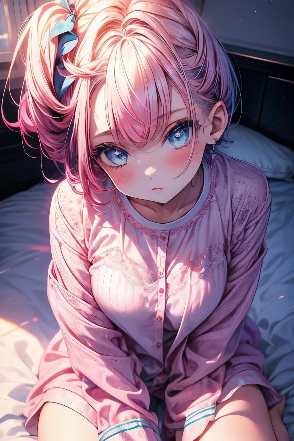One girl, blue eyes, Pink Short Hair, Oversized pajamas, bed, Absurd, High resolution, Super sharp, 8k, masterpiece, View your viewers, sitting on bed, beautiful