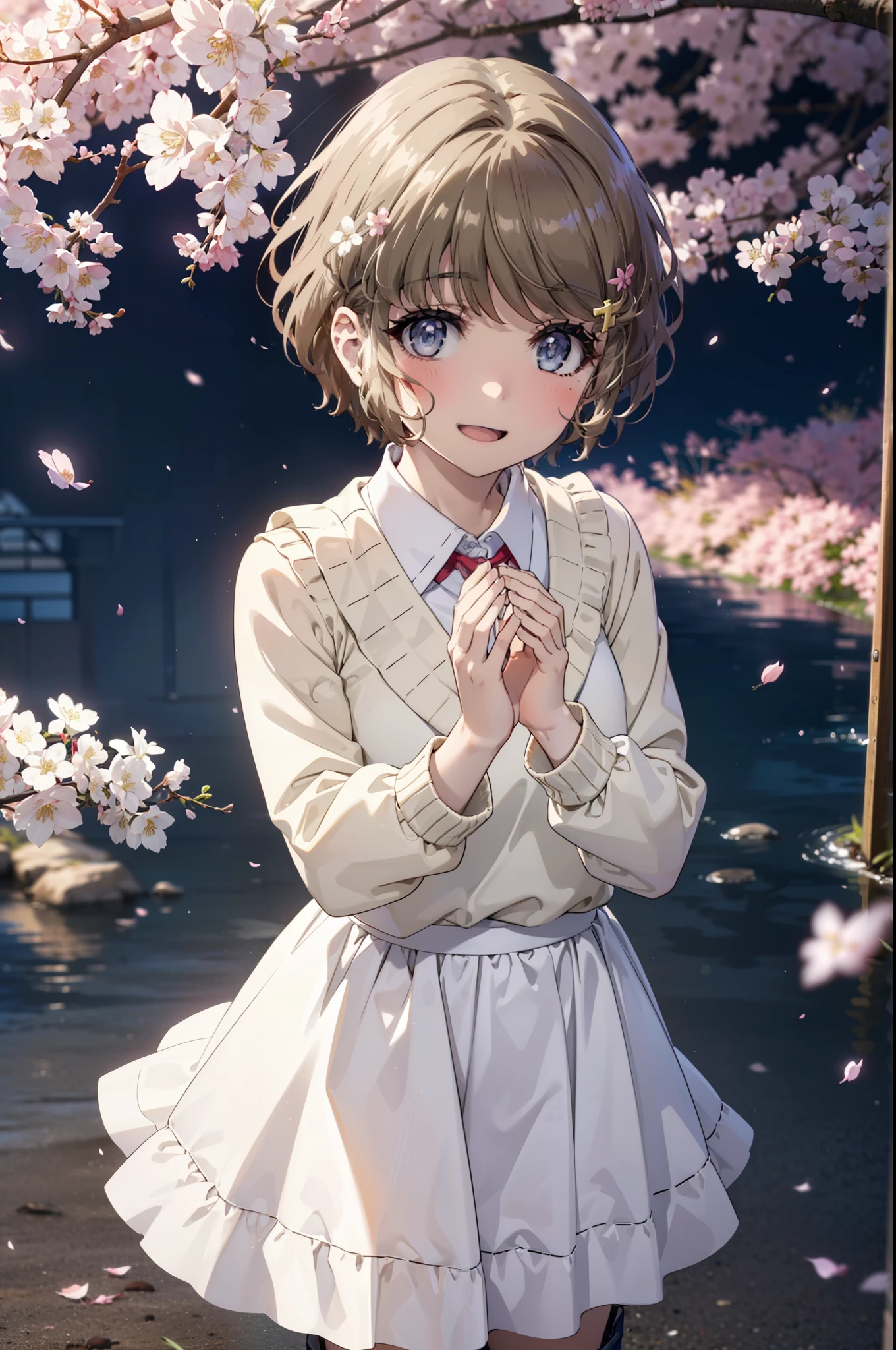 tomoekoga, Chie Koga, short hair, brown hair, blue eyes, Hair Clip,Green Tokkuri Sweater,White long skirt,Mini Boots,blush,smile,happy smile, smile, Open your mouth,Cherry blossoms are blooming,Cherry blossoms are scattered,Cherry blossom tree-lined path,morning,morning陽太陽が登っている,Being looked down on from above,
break outdoors, School　School building,
break looking at viewer, Upper Body,whole body,(Cowboy Shot:1.5),
break (masterpiece:1.2), highest quality, High resolution, unity 8k wallpaper, (figure:0.8), (Beautiful fine details:1.6), Highly detailed face, Perfect lighting, Highly detailed CG, (Perfect hands, Perfect Anatomy),