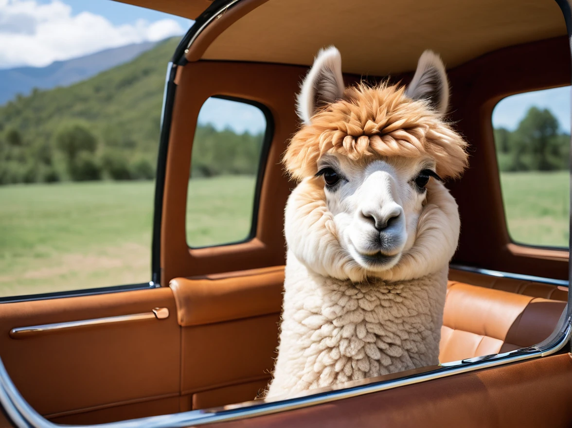 alpaca-shaped car,alpaca-shaped vehicle,fancy alpaca-inspired car,unique car design,whimsical automobile,creative automotive concept,innovative transportation idea,quirky vehicle design,eye-catching automotive sculpture,artistic car model,vibrant colors,metallic finish,shiny exterior,polished surfaces,sleek lines,smooth curves,fluffy alpaca fur texture,realistic alpaca facial features,expressive alpaca eyes,cute alpaca ears,furry alpaca body,alpaca-themed interior design,luxurious leather seats,comfortable seating arrangement,spacious cabin,panoramic sunroof,breathtaking scenery