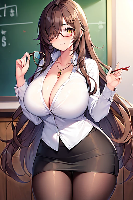 1girl, large breasts, breasts, thick thighs, brown hair, wavy hair, long hair, one eye covered, ((one eye covered)), hair over one eye, classroom, smile, pencil skirt, skirt, mature female, necklace, white shirt, shirt, pantyhose, teacher, glasses, red glasses, cleavage, hourglass figure, yellow eyes, forehead