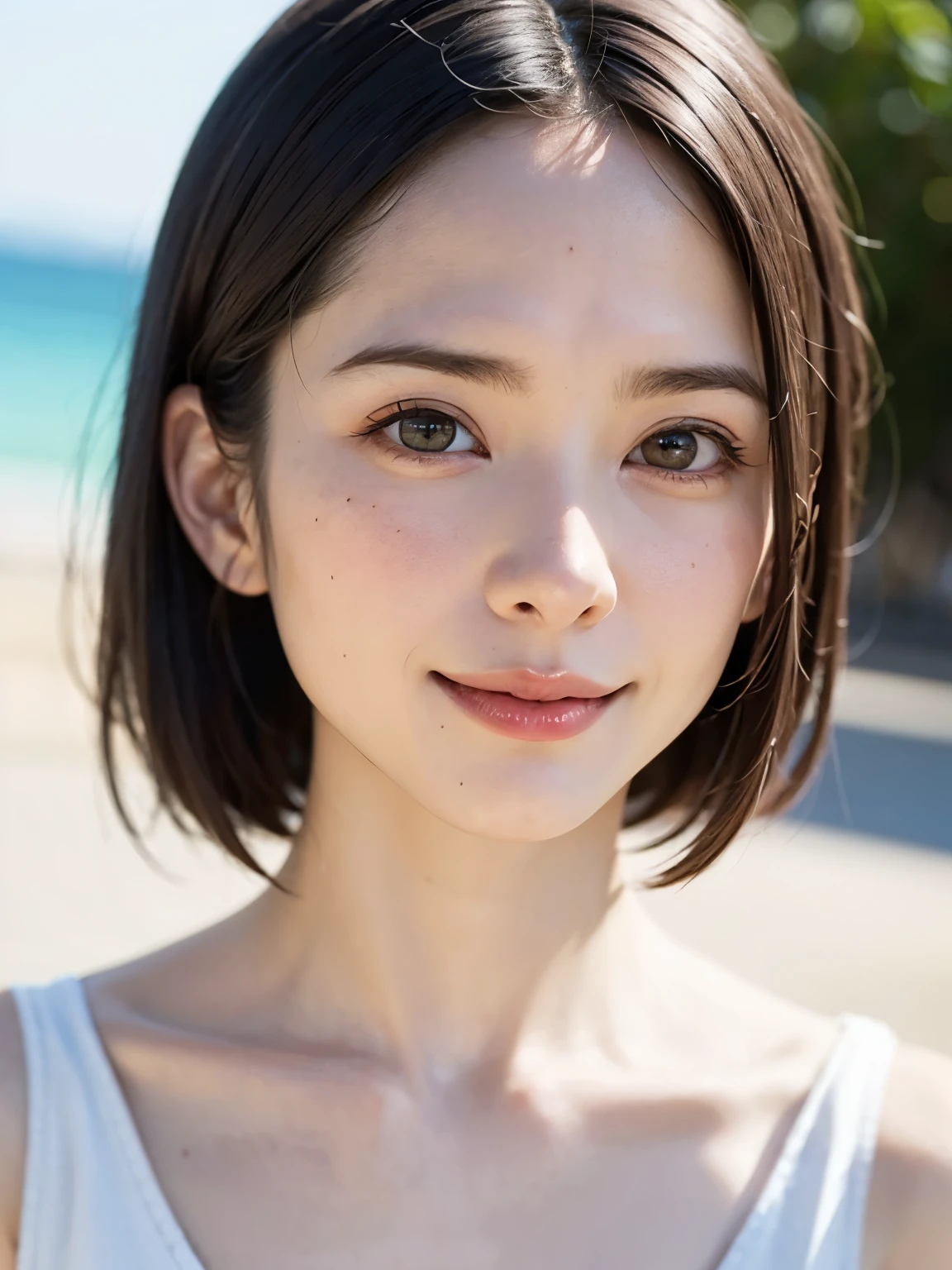 1 girl、highest quality、Realistic、alone、Written boundary depth、Natural soft light、Daytime、charm、Beautiful Face、Cleanliness、Pure Face、White skin、cute、short hair、bright hazel eyes:1.6、Beautiful Lips、bangs、Beach、Light of the sun、Nedium Breast Body Esbian、((黄金比のBeautiful Face、 対称性のあるBeautiful Face))、Long neck、show me your ears、Stick out your ears。bangsのあるきれいな短いボブヘア、smile with your mouth closed、Perfect hands指、Perfect hands、Perfect body、Perfect Face、Shine a light into your eyes、Perfect Anatomy:1.6、とてもcuteスーパーモデル:1.6、{Huge|big|Hugeな|Mega} chest, chestの谷間、smile:1.6、Very beautiful teeth:1.6