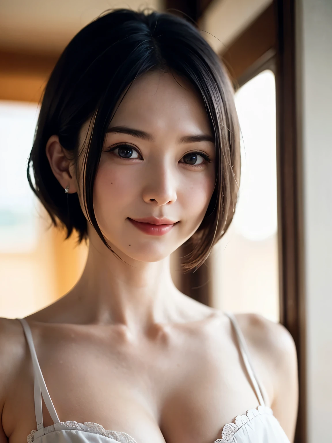 1 girl、highest quality、Realistic、alone、Written boundary depth、Natural soft light、Daytime、charm、Beautiful Face、Cleanliness、Pure Face、White skin、cute、short hair、bright hazel eyes:1.6、Beautiful Lips、bangs、Beach、Light of the sun、Nedium Breast Body Esbian、((黄金比のBeautiful Face、 対称性のあるBeautiful Face))、Long neck、show me your ears、Stick out your ears。bangsのあるきれいな短いボブヘア、smile with your mouth closed、Perfect hands指、Perfect hands、Perfect body、Perfect Face、Shine a light into your eyes、Perfect Anatomy:1.6、とてもcuteスーパーモデル:1.6、{Huge|big|Hugeな|Mega} chest, chestの谷間、smile:1.6、Very beautiful teeth:1.6