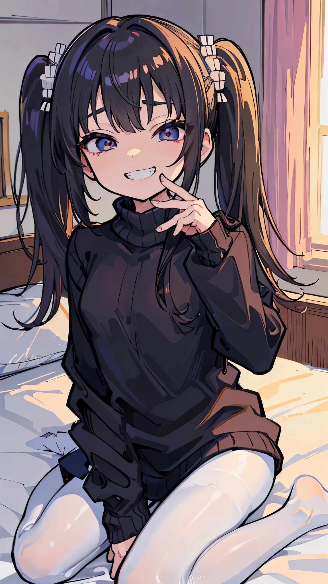 (8K、Highest quality、highest quality、masterpiece)、Detailed face、((One li))、Black Hair、Long Hair、twintails、Grey Eyes、evil smile、((Grin))、Small breasts、((white sweater))、((black pantyhose))、Cowboy Shot、Sit on the bed、wariza、Bedroom Background