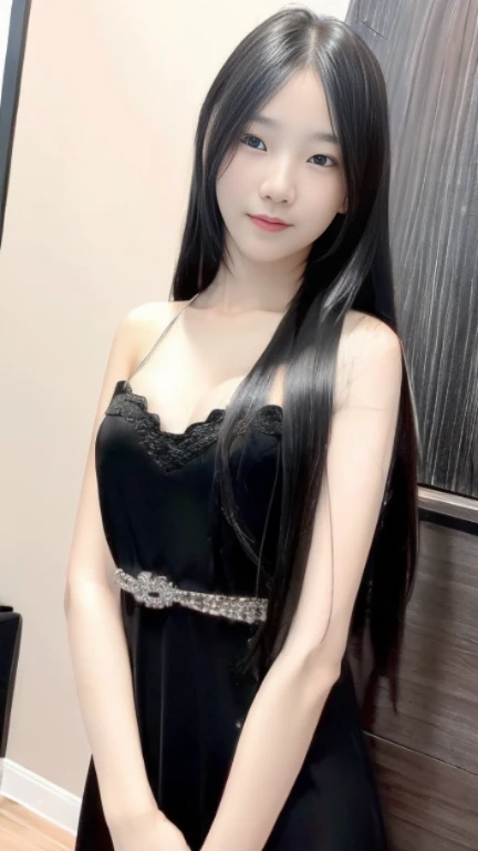 Ultra HD, The 8k quality, girl with, Very long hair, black blur dress, Detailed eyes, Front capture, unreal enginee 5, sfw, very sexy, cleavage