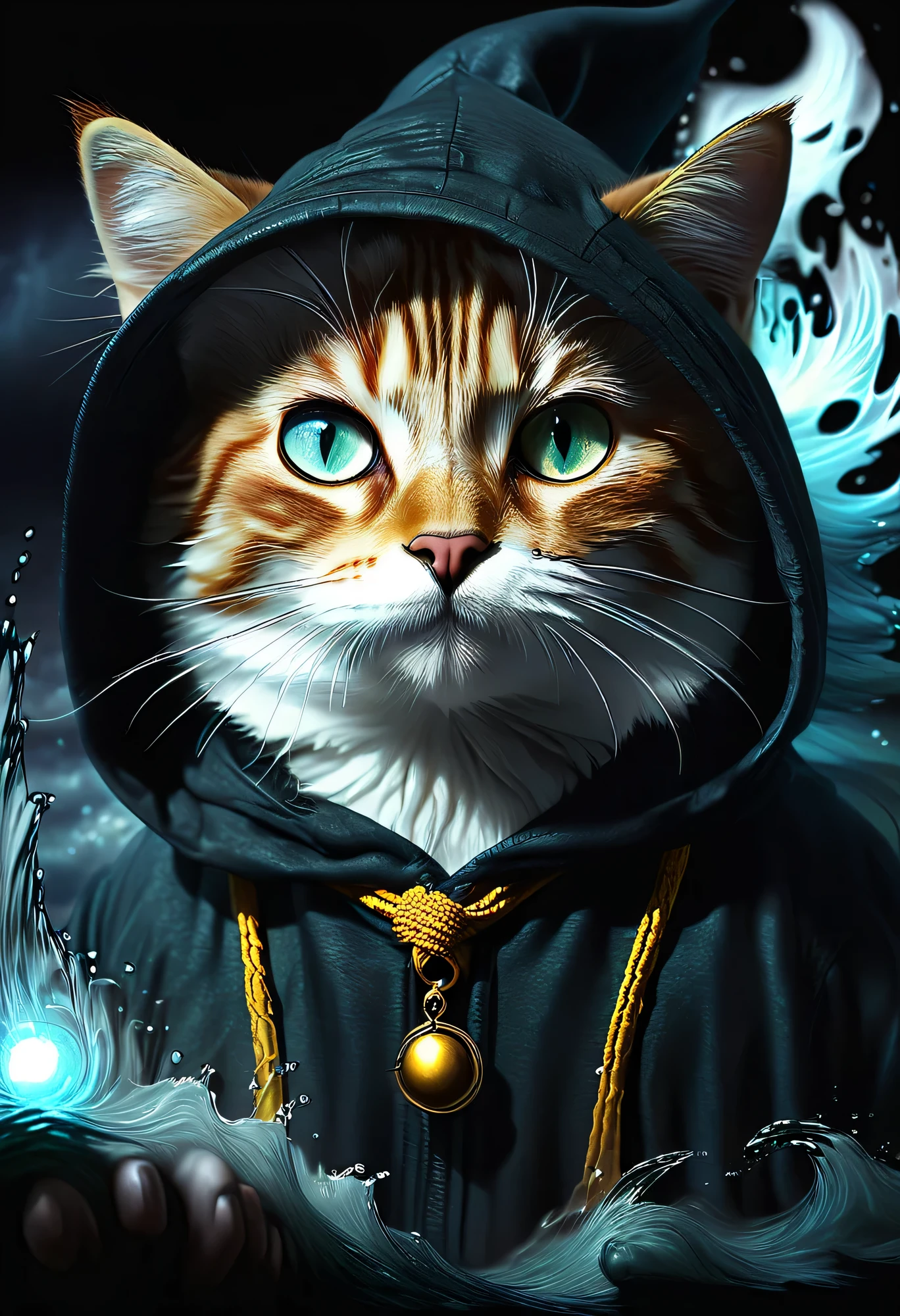 ((un gato mago, ropa de mago con capucha, efecto de magia, epico:1.5)), hasta:1.4, (obra maestra),(Mejor calidad:1.0), (Ultra high resolution:1.0), pintura detallada, intrincado, paisaje submarino, (( magical, Hermoso, de otro mundo:1.4 )), (( Mejor calidad, vibrante, 32K ,luz y sombras bien definidas)). sin texto:1.3.