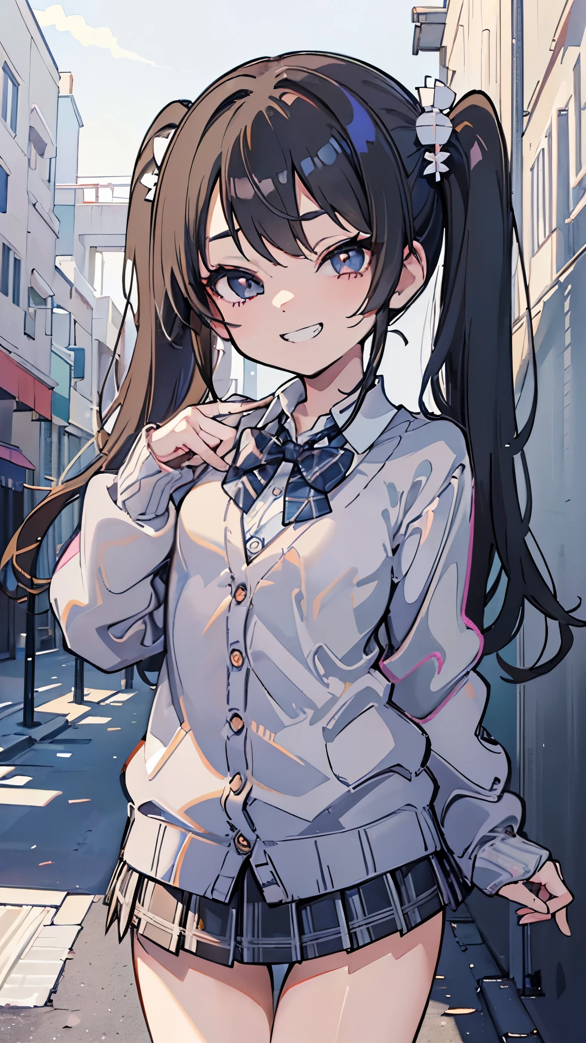 (8K、Highest quality、highest quality、masterpiece)、Detailed face、((One li))、Black Hair、Long Hair、twintails、Grey Eyes、evil smile、((Grin))、Small breasts、Blue bow tie、((White shirt))、((brown cardigan))、((Plaid micro miniskirt))、Cowboy Shot、Back Alley Background