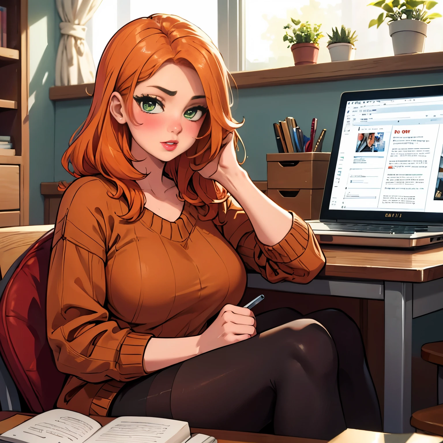 Beautiful cute peach skinned teen with big green eyes and long straight orange hair, big red lips, blushing, wearing cozy brown sweater and tights, working on homework in her desk in her room, (cozy)
