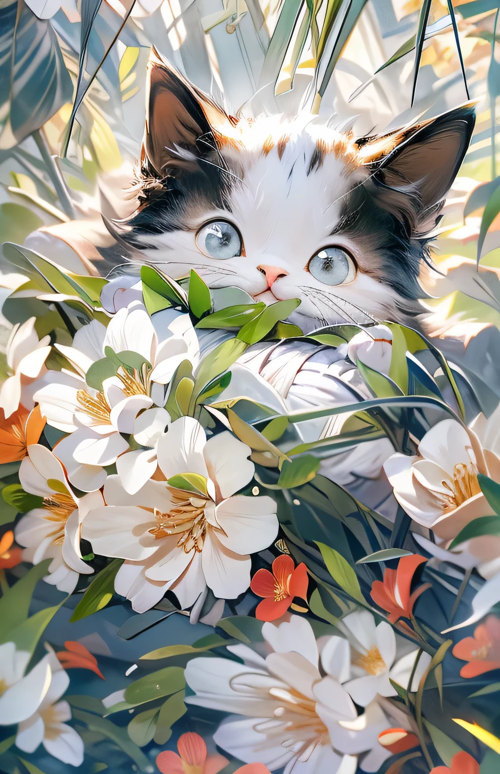 ((highest quality)), ((masterpiece)), (Get used to it), Cat , Lots of flowers in the background , close your eyes , Are sleeping ,